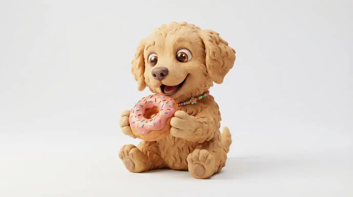 Curly puppy posing with a donut