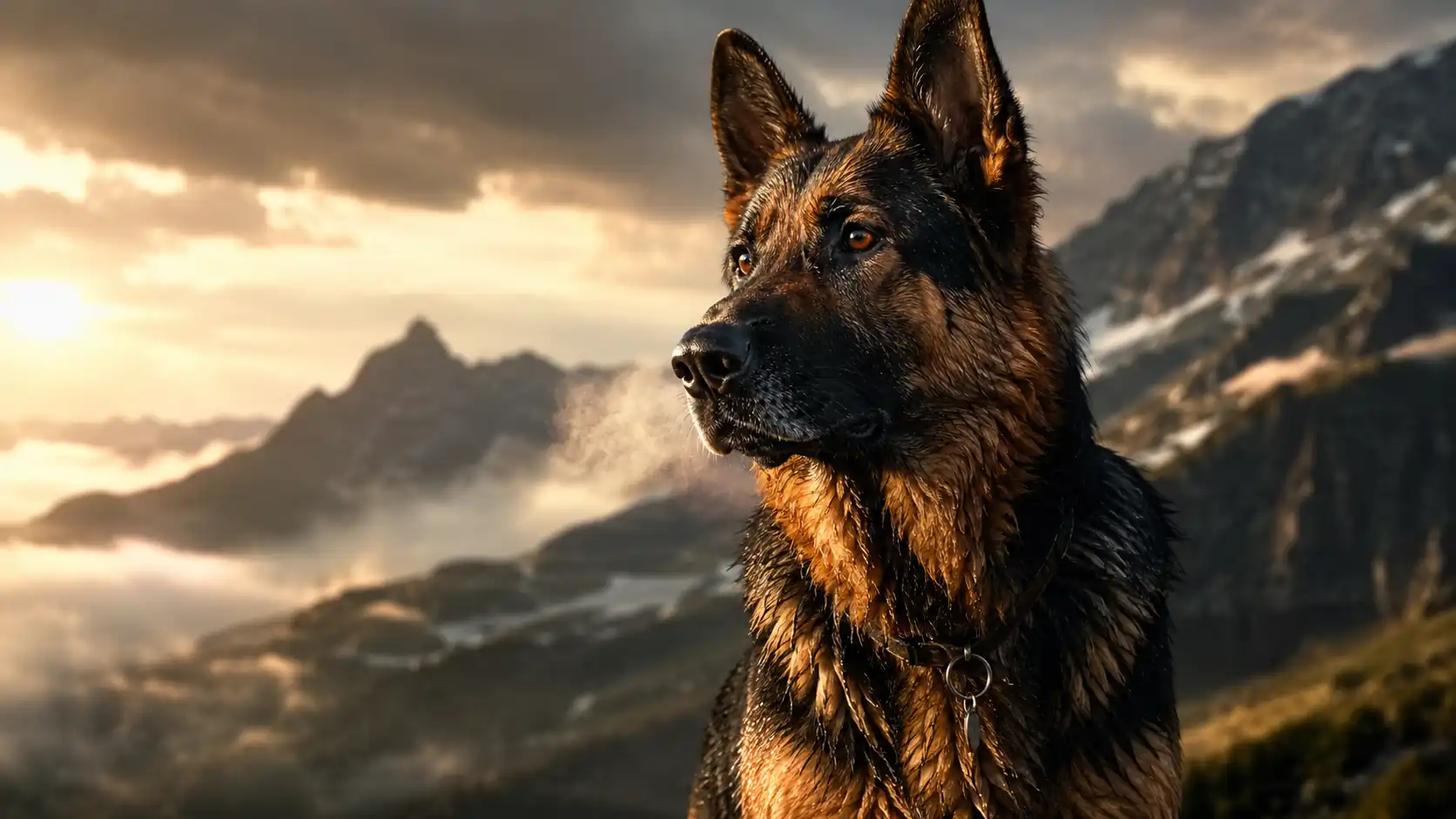 German Shepherd in the mountains at sunrise