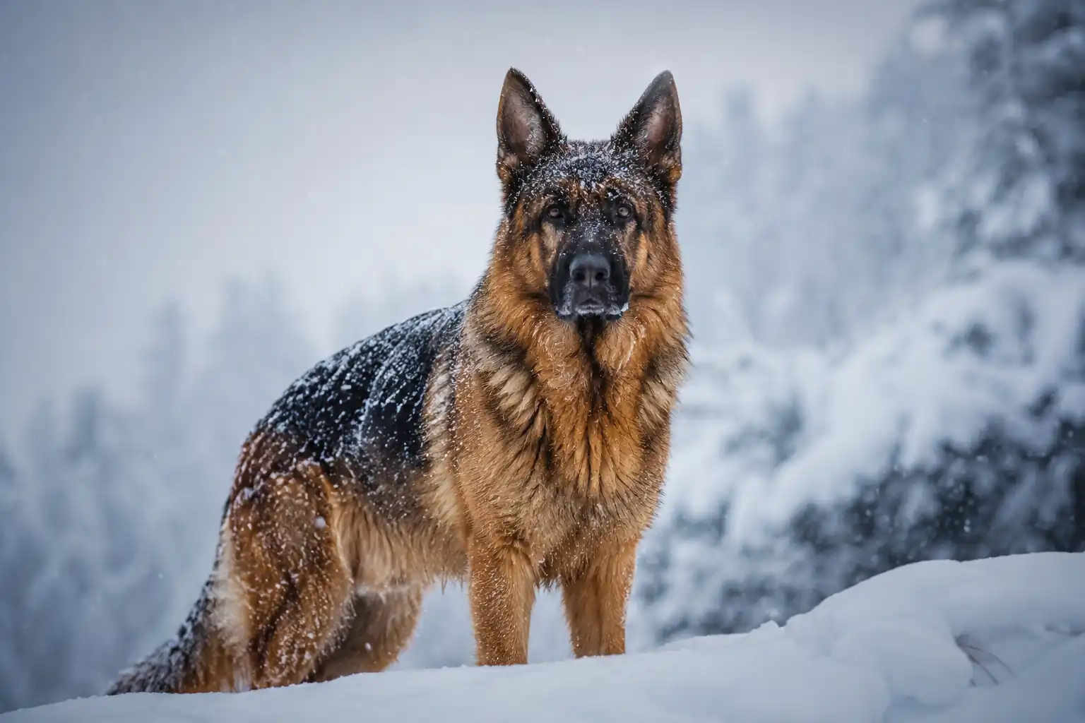 German Shepherd standing in fresh snow