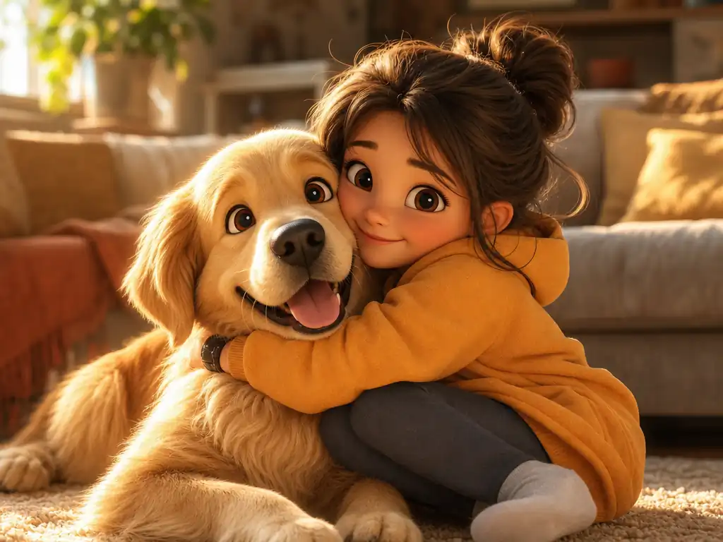 Girl hugging a Golden Retriever in cartoon style