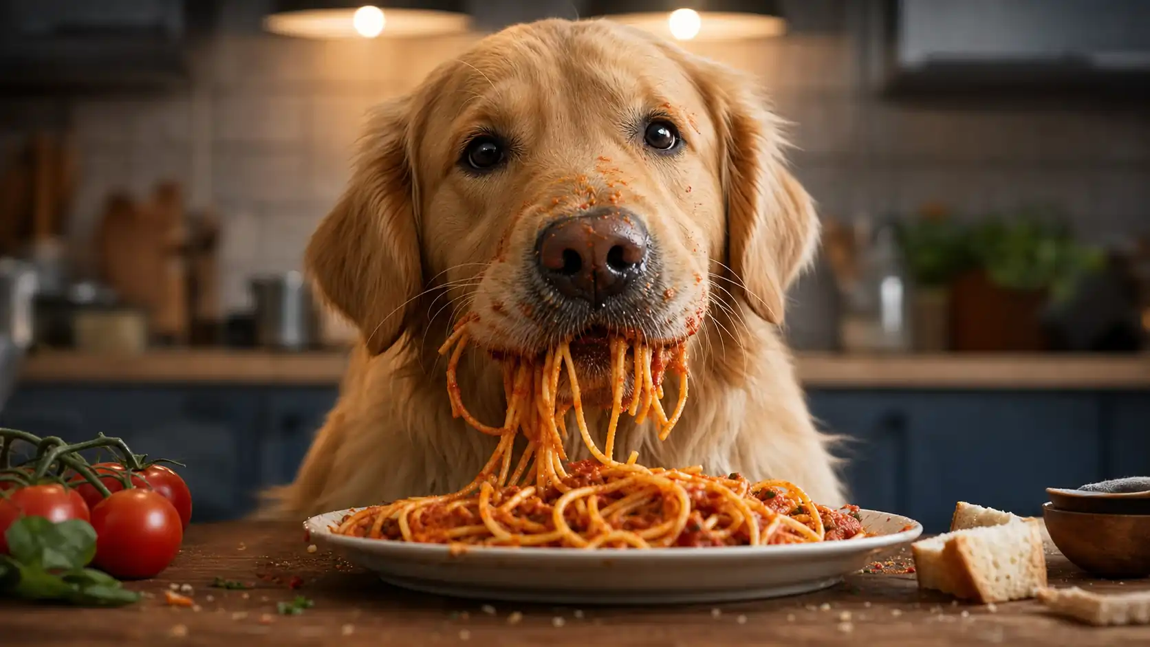 Golden Retriever eating spaghetti in a kitchen