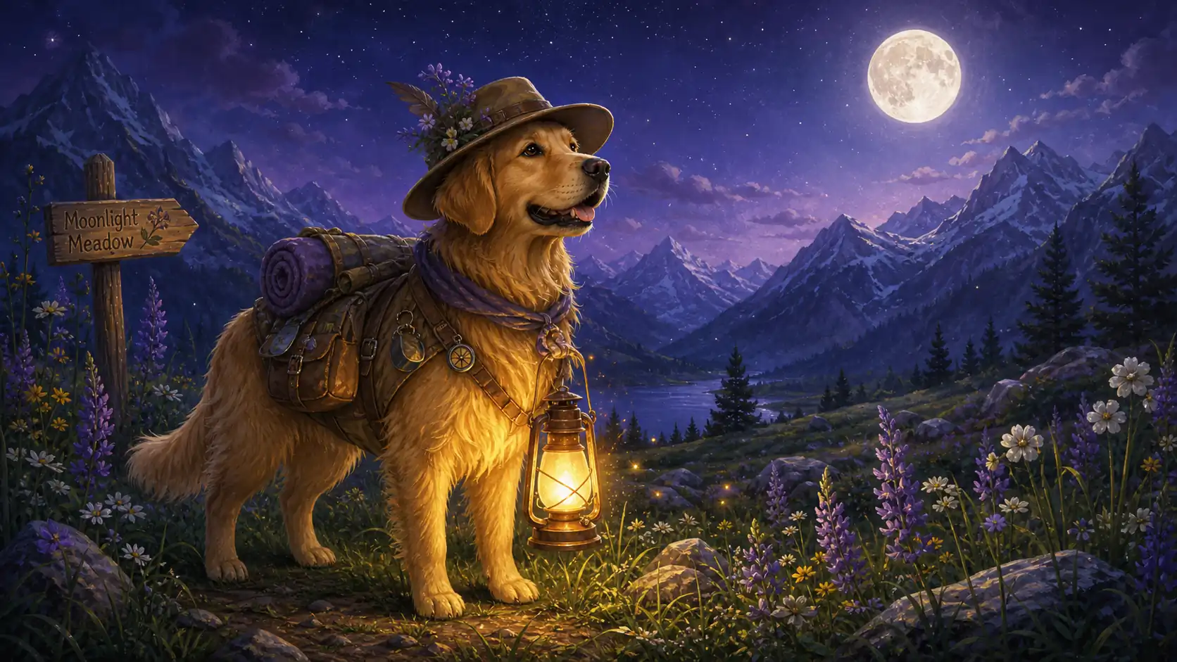 Golden Retriever and hiker in a moonlit meadow