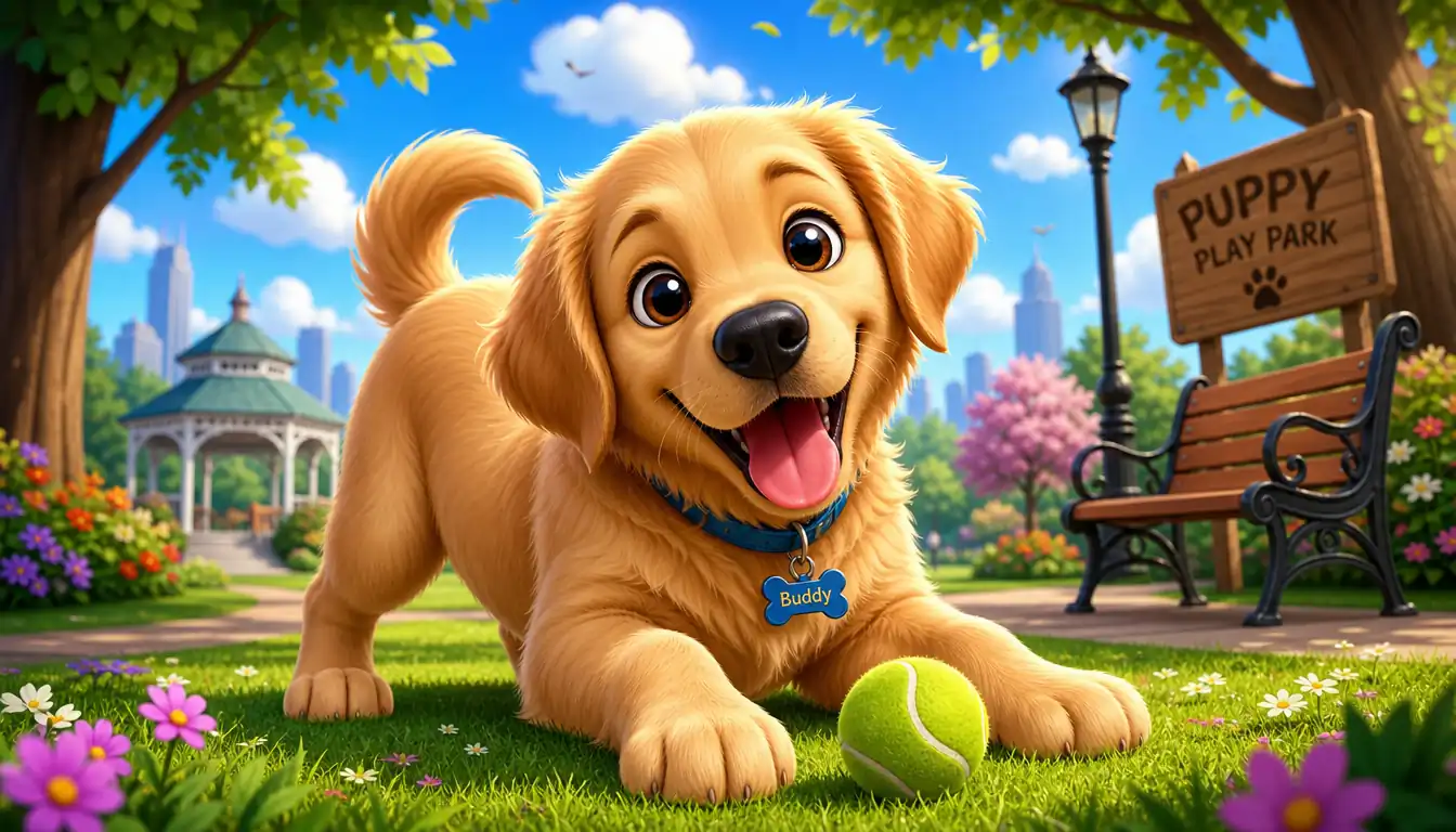 Golden Retriever puppy in a city dog park