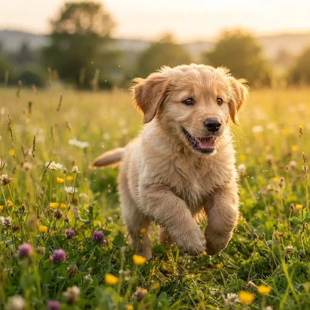 Golden Retriever puppy in a wildflower meadow
