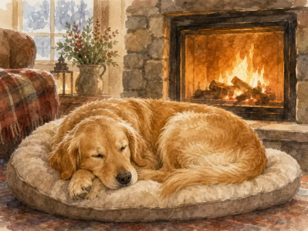 Sleeping Golden Retriever by a fireplace in watercolor