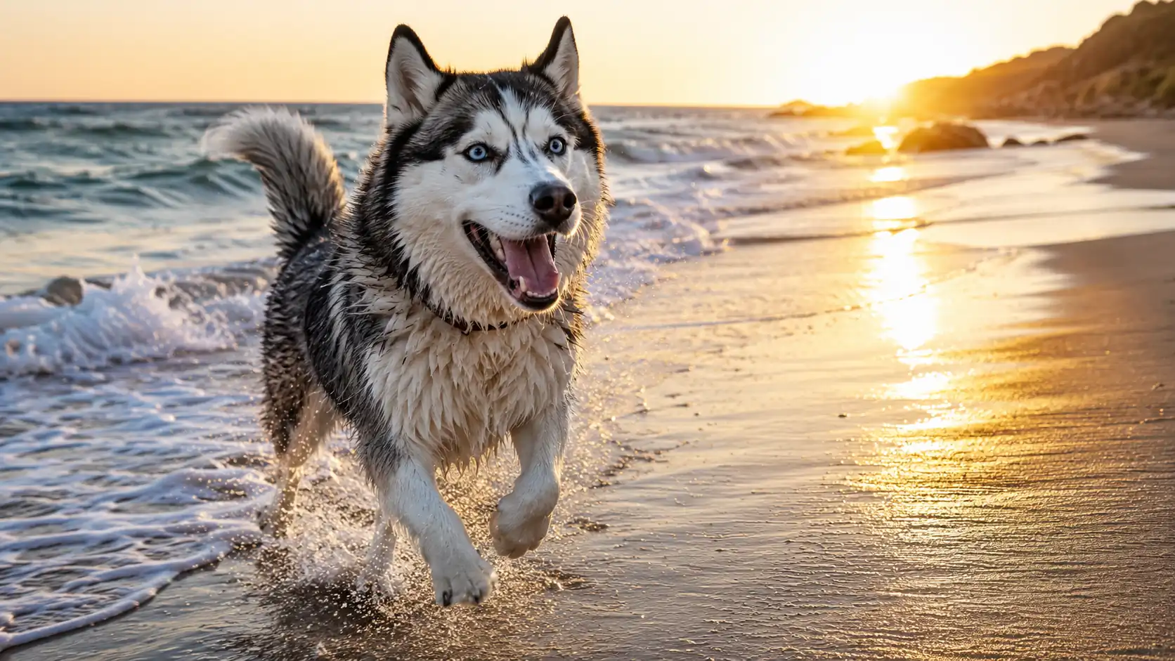 Husky running on a beach in warm sunset light