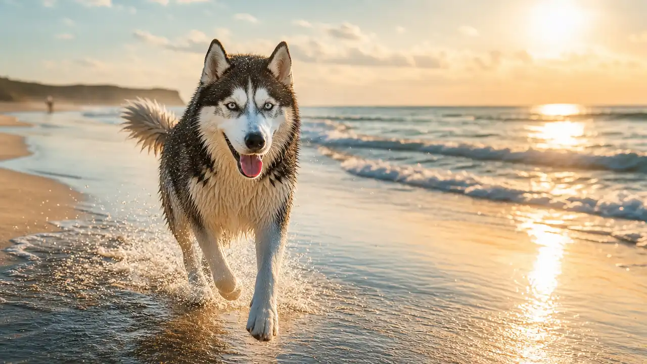 Husky running along a sunset beach