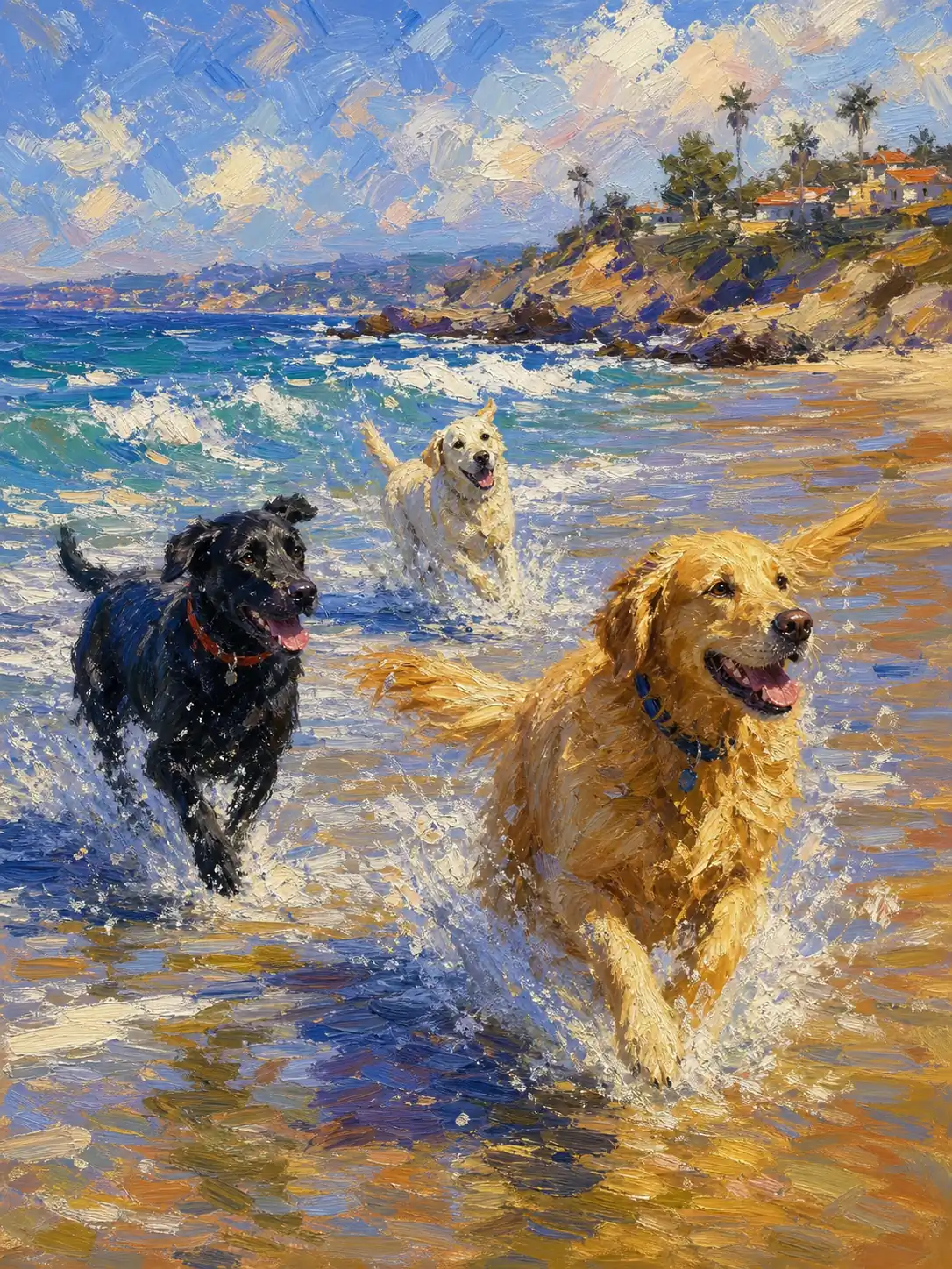Three dogs running through the ocean in an oil painting